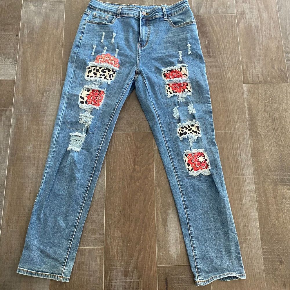 Bandana Cow Print Pockets Distressed‎ Jeans Women's Large Denim Patch Skinny